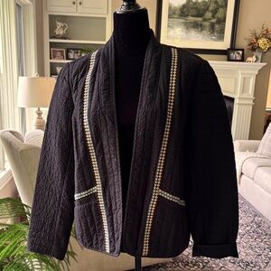 J. Jill Black Quilted Blazer with Gold and Teal Accents